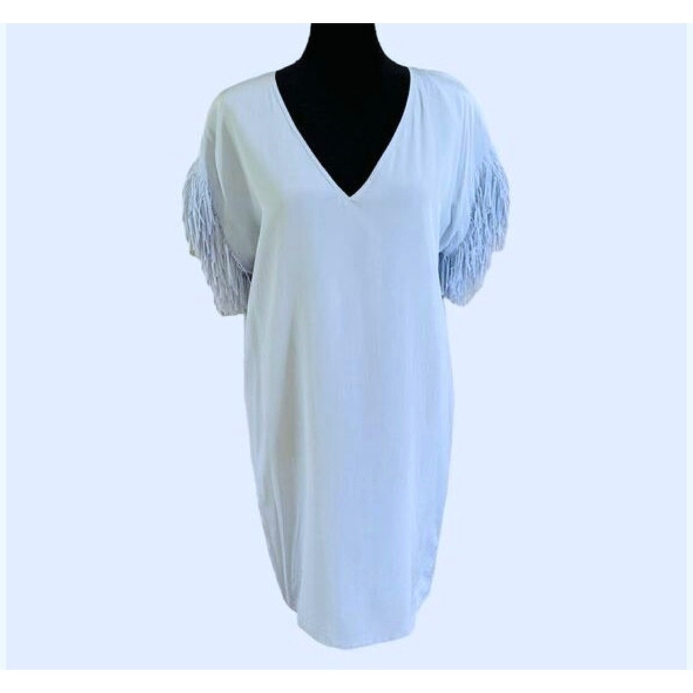Marie Oliver Shift Dress Fringe Sleeve‎ V-Neck Mini Womens XS Blue